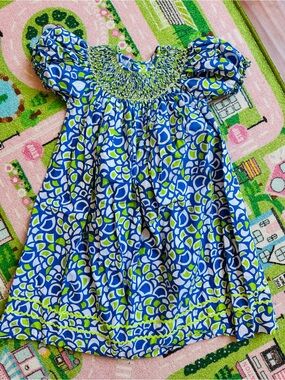 Blue & Green Smocked Puff Sleeve Dress with seed pearls and ric rac